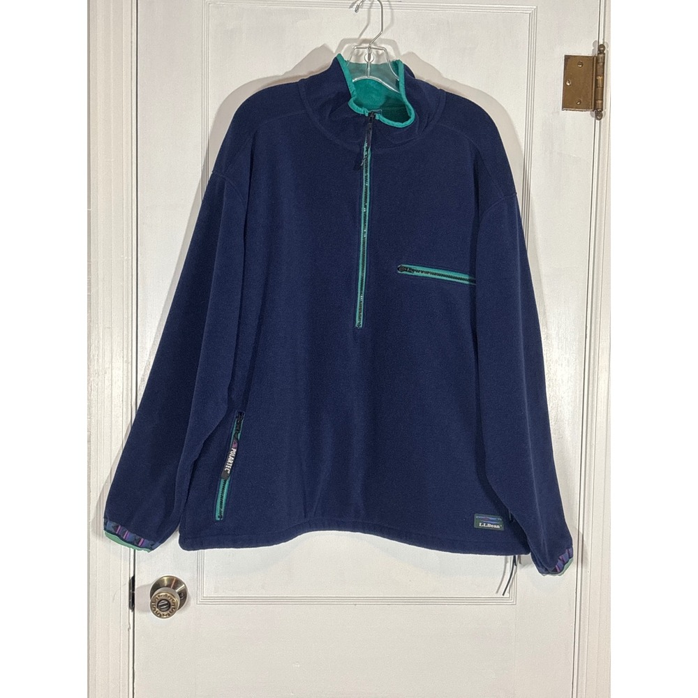 VTG 90s LL Bean‎ Polartec Windbloc Fleece Pullover Navy Teal Aztec Trim Mens XL